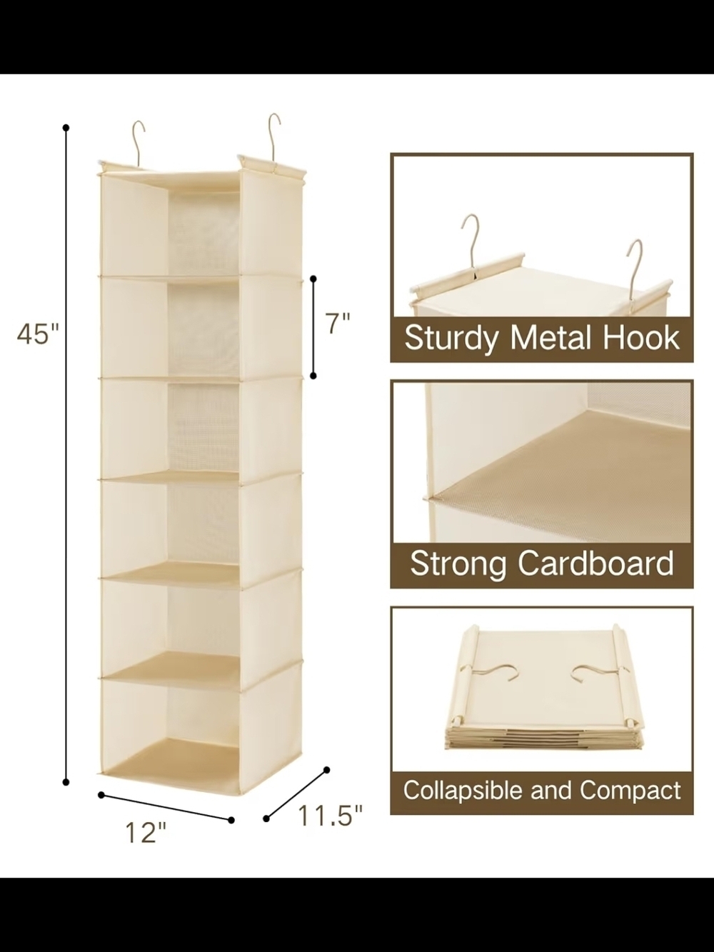 Cream Hanging Closet Organizer - 6-Shelf Home Storage - Picture 5 of 11